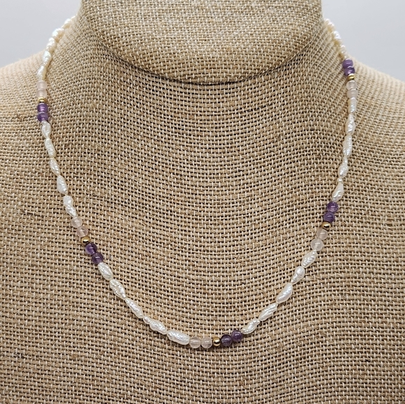 Artisan Jewelry - Petite Fresh Water Pearl Rose Quartz & Amethyst Necklace